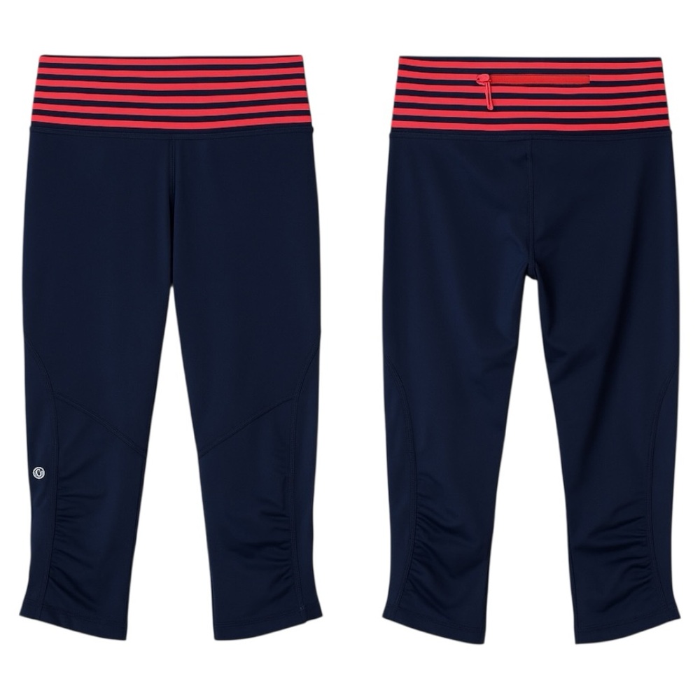 Lululemon Navy Crop Leggings with Striped Waistband – Size 4